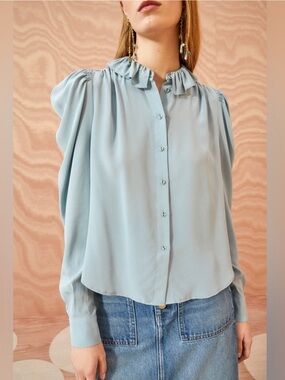 Ulla Johnson Dara Ruffle Neck Silk Button Up Blouse Agave Blue Size 8 *Flawed*